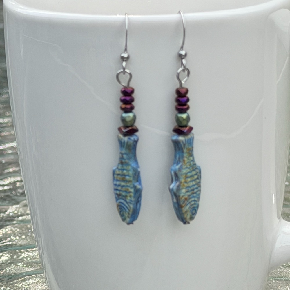Handcrafted Blue Fish Dangle Earrings - Picture 4 of 7